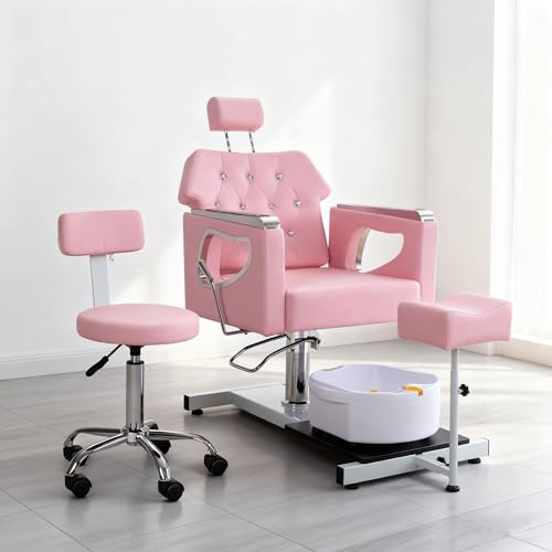 Seogwisam Pedicure Chair No Plumbing, 360° Swivel Hydraulic Reclining Pedicure Chair with Foot Spa & Adjustable Footrest, for Nail Tech, Spa (Pink)