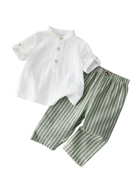 Trendy Baby Boy Outfit Set Mandarin Collar Shirt & Striped Pants Comfortable Summer Dress for Toddlers & Kids-image-42