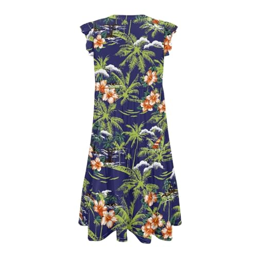 Image of Womens Summer Dress Ruffle Sleeve V Neck Dress Casual Fit Flowy Beach Vacation Sundress with Pocket S-2XL