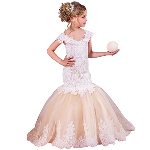 Mermaid Flower Girl Dresses for Wedding White Lace Champagne Tulle Kids Junior Birdesmaid Dress with Train