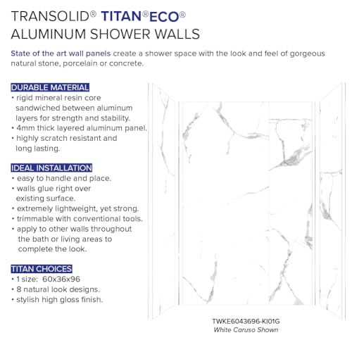 Transolid TWKE603696-KI01G Titan 60-in x 36-in x 96-in Eco Shower Wall Kit, White Caruso (Glossy) - Thumbnail 6