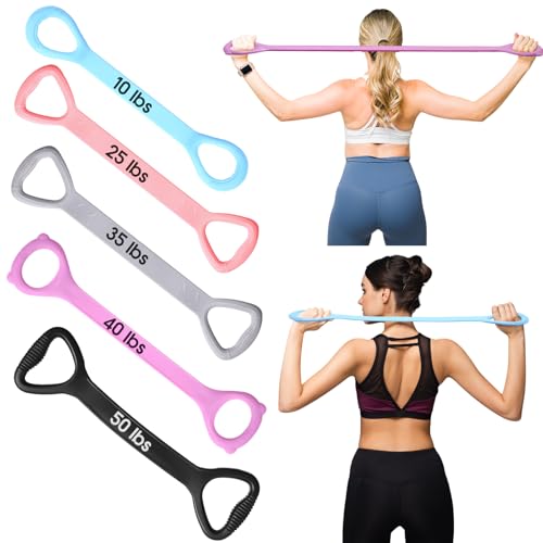 Soulchen 5 Pack Figure 8 Fitness Resistance Bands Elastic Bands(10 Lbs-25 Lbs-35 Lbs-40 Lbs-50 Lbs)for Arm, Back, Chest and Shoulder, Yoga, Pilates, Stretching, Workout Pulling Rope for Women and Men