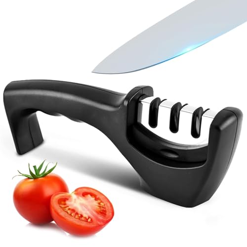 MOMENT Professional Knife Sharpener 3 Stage Manual Sharpeners for Sharpening Kitchen Knives Ingenious Sharpening Tool with Anti-slip Base and Ergonomic Design For Home Cooking and Chef. (Black)
