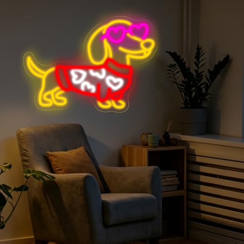 Image of Heart Dog Neon Sign Stylish Dachshund LED Light for Pet Lovers | Pet Room Decor Gift for Dog Mom USB Powered Dimmable Home Wall Room Decoration 16.5 inchx11.8 inch