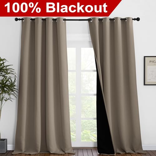 Image of NICETOWN 100% Blackout Blinds, Set of 2, 52 inches x 102 inches, Laundry Room Decor Window Treatment Curtains for Large Patio Sliding Door, Thermal Insulated Taupe Curtains for Bedroom