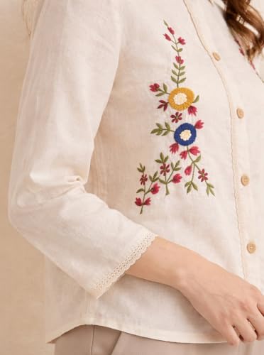 Image of RIEKA Womens Off White Cotton Shirt with Multicolour Floral Embroidery Button Down Mandarin Collar Relaxed Fit Casual Wear Top