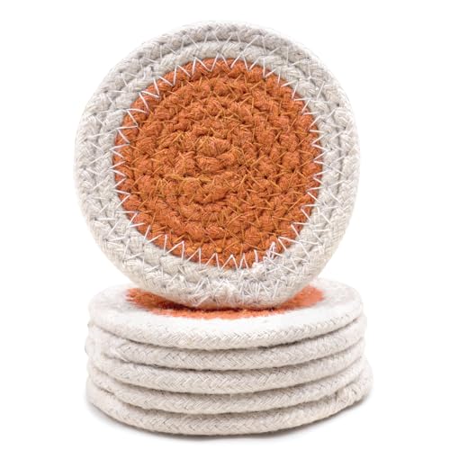 Image of Encasa XO Drink Coasters Set of 6 | Coral & Off White with Round (9 cm) | Handcrafted Ribbed Cotton | Absorbent & Heat-Resistant | Use for Tea, Coffee Table & Desk