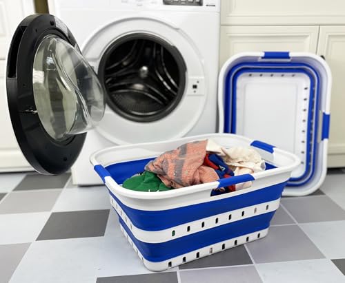 Image of SAMMART 42L (11 gallons) Set of 2 Plastic Foldable Storage Basket /Container - Collapsible, Space Saving and Portable Laundry Hamper, Ideal for Home, Travel, Dorm (2, White /Dark Blue)