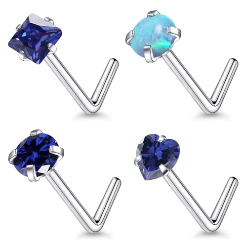 F136 Titanium 20/18g L Shaped Pink/Blue Diamond Nose Ring Studs Earrings Piercings Jewelry Surgical Steel for Women Men