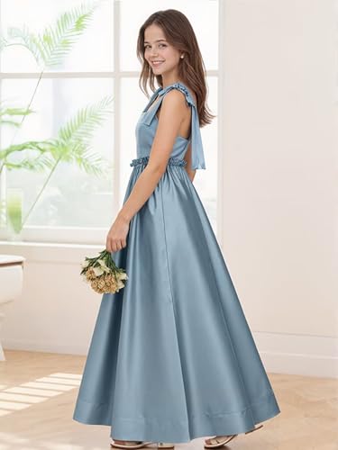Satin Junior Bridesmaid Dress for Wedding A-Line Spaghetti Strap Square Neck Long Sleeveless Flower Girl Dress4