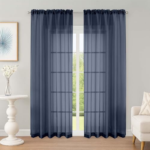 Image of OWENIE Sheer Curtains 84 Inches Long 2 Panels Set, Sheer Navy Blue Curtains for Living Room Bedroom 59 Inch Extra Wide, Modern Voile Filmy Rod Pocket Drapes, 2 Pcs, Each 59 W x 84L, Navy Blue