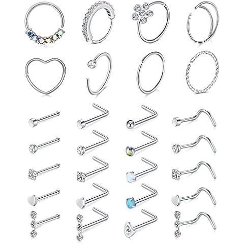 Mayhoop 20g Stainless Steel Nose Rings Hoop L Shape Nose Studs Nose Screw Bone Silver Rose Gold Black Rainbow Pack for Women Men 28Pcs Cover