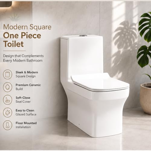 Image of KrissKross Premium Western Floor Mounted One Piece Commode Water Closet Ceramic Western Toilet /European Commode Square With Soft Close Seat Cover For Lavatory, Toilets (P-Trap Outlet Is From Wall)