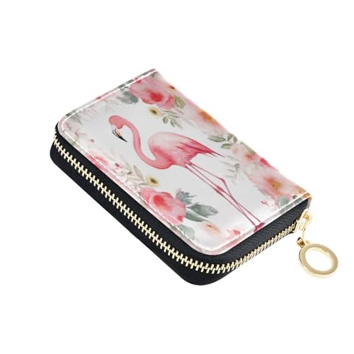 Cute Flamingo Credit Card Holder, Small RFID Blocking Wallet, Accordion Style Card Case with Key Chain Zipper