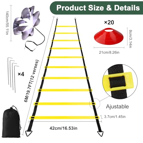 JOTOL Kit Entrenamiento de Fútbol, 6M Agility Speed Ladder, 20 Conos de Entrenamiento, Paracaidas Correr, Idea de Entrenamiento de Fútbol Accesorios para Niños y Adultos - imagen 2