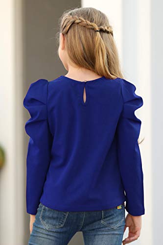 Image of GORLYA Girl's Puff Sleeve Casual Solid T-Shirt Pullover Keyhole Back Blouse Tops for 4-14T Kids