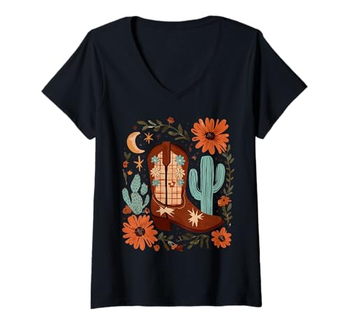 Mujer Bota vaquera boho floral cactus Texas Moon Cowgirl Weestern Camiseta Cuello V