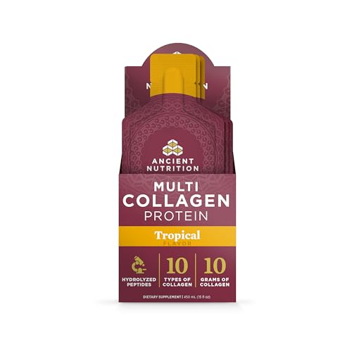 Ancient Nutrition Multi Collagen Protein Gel with Probiotics & Vitamin C, Hydrolyzed Collagen Peptides for Skin, Hair, Nails, Joints & Gut Health, Tropical, 15 Packets