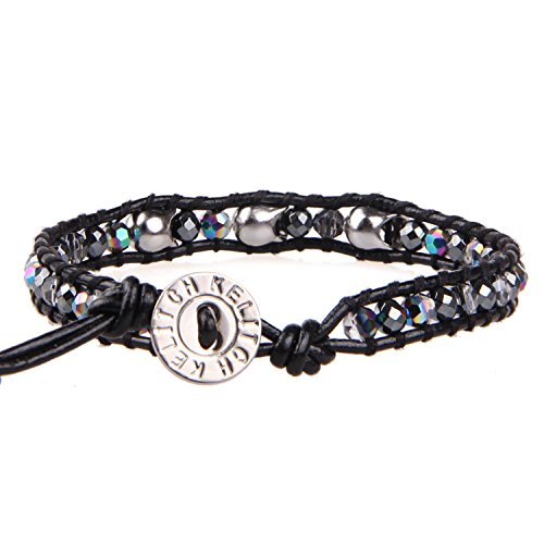 Image of KELITCH 925 Silver Skull Bracelets Wrap Bracelets Women Crystal Beaded Bracelets on Natural Leather
