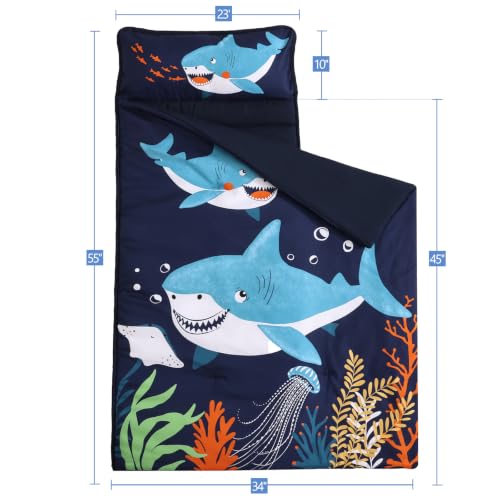 Image of PHF Soft Toddler Nap Mat with Removable Pillow, Rollup Design Kids Sleeping Mat, Slumber Bags for Boys, 55 inchx23 inch Toddler Sleeping Bag for Daycare Preschool Travel Camping, Shark