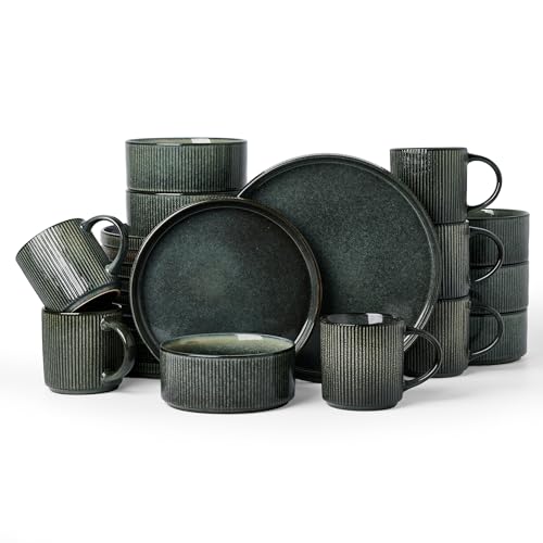 Image of Famiware Star 24-Piece Stoneware Dinnerware Sets, Service for 6 - Reactive Glaze Mugs, Plates and Bowls, Dishes for Everyday /Formal Use, Chip /Scratch Resistant, Microwave /Dishwasher Safe, Deep Forest