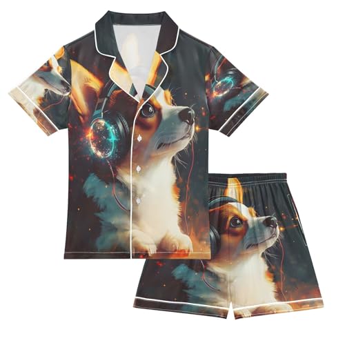 ALAZA Dog with Headphones Satin Pajamas Set Short Sleeve Button Down Sleepwear Summer Pjs 2 Piece