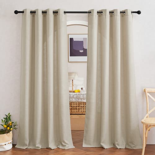 NICETOWN Light Filtering Curtains True Linen Blend 90 inch Long, Grommet Semi Sheer Privacy Added with Light Filtering Rustic Drapes for Farmhouse/Living Room, Taupe, 2 Panels, W52 x L90