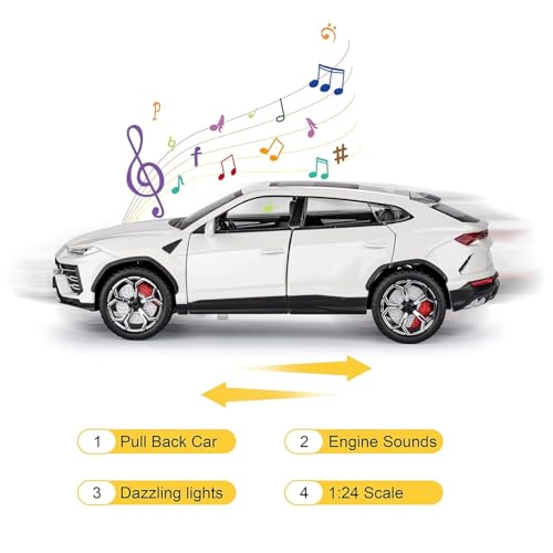 Image of Invite Enterprise Model Car Zinc Alloy Pull Back Toy Diecast Toy Cars with Openable Doors, Sound and Light for Kids Boy Girl Gift (1:24 Lamborghini Urus-White)