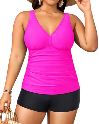 Image of Yonique Womens Plus Size Swimsuits with Shorts Tummy Control Tankini Two Piece Bathing Suits Athletic Swimwear