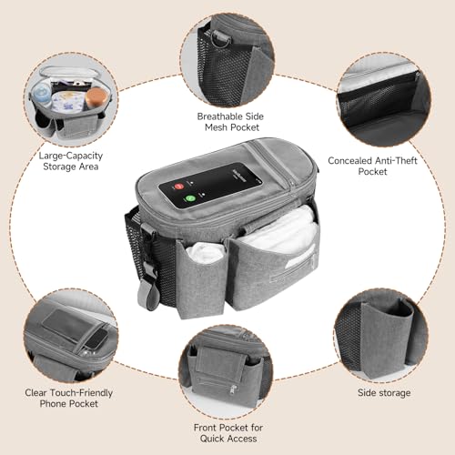 HOTUT Kinderwagen Organizer, Universal Kinderwagentasche mit Isolierte Getränkehalter,Wasserdichte Kinderwagen Tasche, Verstellbarer Schultergurt,Windeltasche mit großer Kapazität für Handys(Grau)