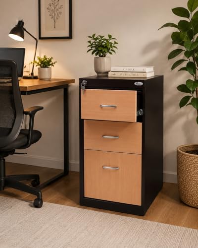 Image of Shubham Furnitures 3 Drawer Steel Pedestal Cabinet | Lockable Powder Coated Filing Cabinet for Files, Documents & Stationery | Office Storage Unit (Brown, Pedestal with Levellers)
