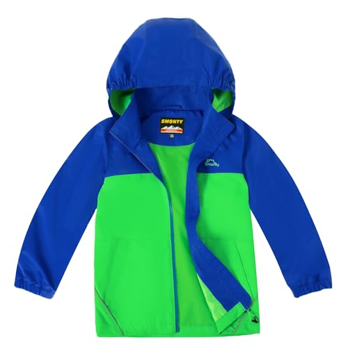 SMONTY Kinder Regenjacke Winddicht und Wasserdicht mit Kapuze Softshelljacke Jungen Mädchen Outdoorjacke Atmungsaktiv zum Wandern, Radfahren und Laufen(Blau Grün, 122-128)