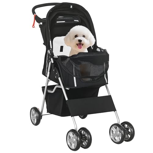 PawHut Carrito para Perros Plegable Cochecito para Mascotas Carrito para Perros Pequeños con Toldo Ajustable Cesta Ventanas de Malla Portavasos y Ruedas Carga 15 kg 75x45x97 cm Negro
