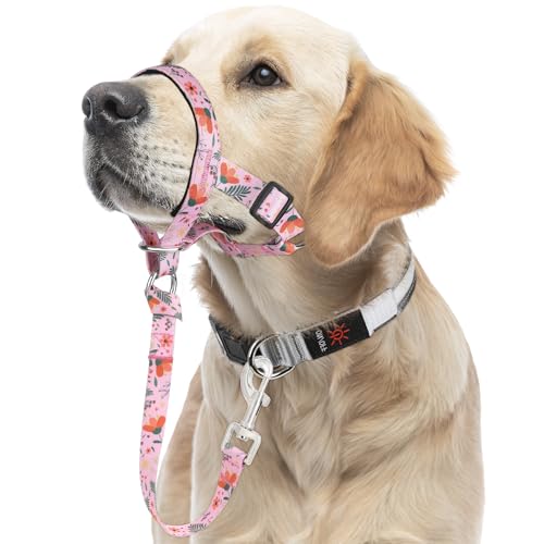 HIGO Dog Head Collar, Adjustable Head Collar for Dogs, No Pulling Head Halter, Training Nose Leash, 3 Pattern Muzzle Leash for Small Medium Large Dogs Easy Walking (Pink, L)