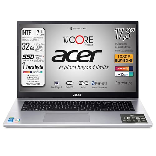 acer Notebook Aspire, Monitor da 17.3' FullHD IPS, IntelCore i7-1255U RAM 32Gb, N 2 SSD PCI da 512Gb (1TB), USB 3.2, Wi-Fi6, Lan 1Gbit, Svga Iris Xe, Tastiera Italiana, Win 11Pro, Pronto all'Uso