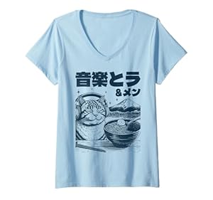 Damen Musik & Ramen Katze - Neko Japan Ramen Katze T-Shirt mit V-Ausschnitt