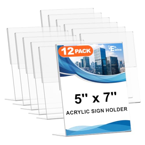 EHWINE 12 Pack 5 x 7 Acrylic Sign Holder, Clear Plastic Signs Display Stand, Vertical Slanted Back Paper Holder Stand up Table Top Sign Holders Flyer Stand Frames Suitable for Office Business Store