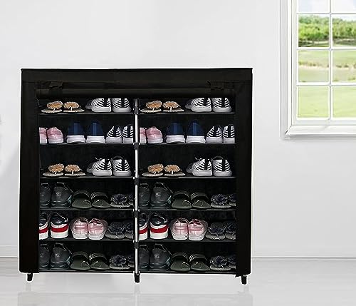 Image of Multi Utility 12 Layer Shelf Collapsible Metal Pipes with Non-Woven 100GSM Fabric Cover for Shoe /Cloth /Toy /Books Rack (Black, Metal)