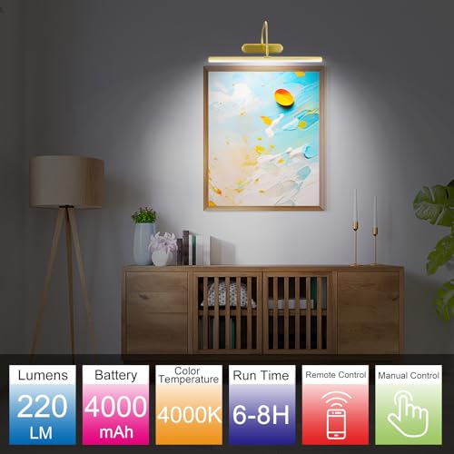 Image of RAIFOOLLY Picture Light,Wireless Art Lights for Paintings,15.9 inch Battery Operated Wall Lights,Remote Accent Lighting with Timer and Dimmable for Frame,Portrait,Dartboard-Brass