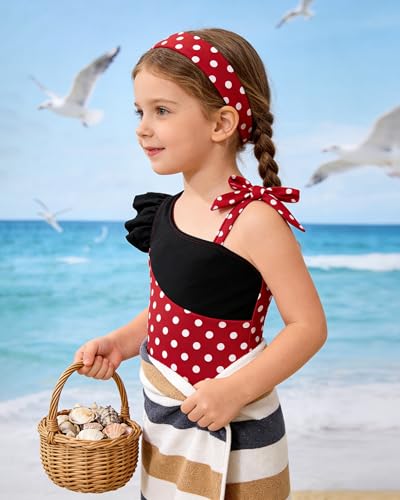 Image of Redair Toddler Girl One Piece Swimsuit Color Block with Ruffled Sleeve Straps Swimwear Bathing Suit for Baby Girl 12M-6Years