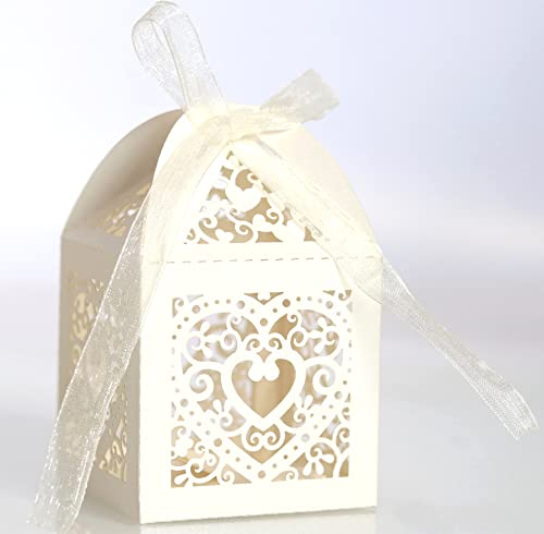 Aniyan 25 cajas de regalo de boda en forma de corazón para caramelos, cajas de 5 x 5 x 8 cm, caja de bombones con cintas para bodas, fiestas, bautizos, marfil