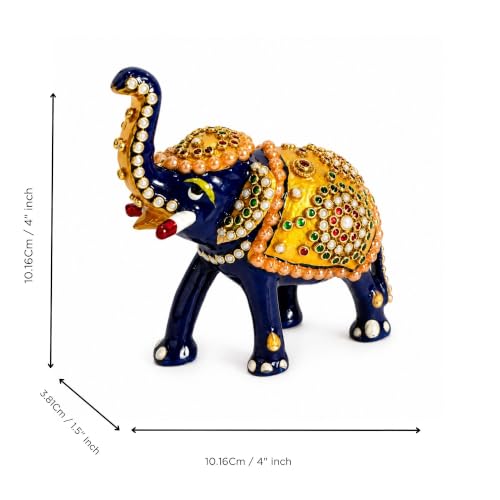 Image of eCraftIndia Handcrafted Blue Elephant Showpiece with Kundan Work for Home Decor, Decorative Lucky Elephant Figurine, Traditional Rajasthani Elephant Statue for Living Room & Office