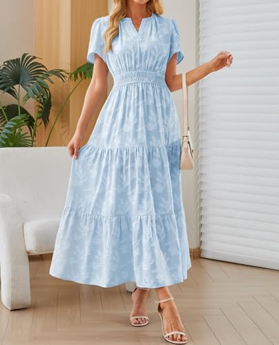 Image of Women's Maxi Dresses Boho Burnout V Neck Short Puff Sleeve Smocked Empire Waist Long Wedding Guest Semi Formal Dress Pockets
