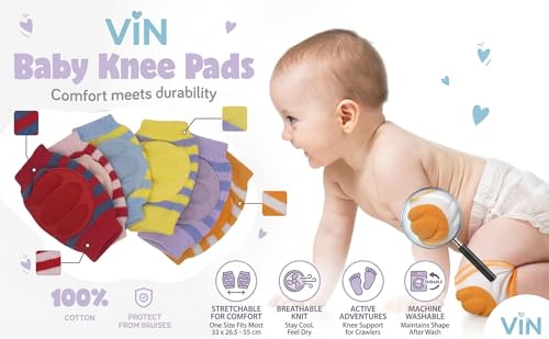 Image of Vin Baby Knee Elbow Hand Leg Protector Pads for Crawling Adjustable Breathable Waterproof Safety Protector, Anti-Slip Elastic Knee Elbow Pads Soft Cushion for Babies, Toddlers, Infants, Boys, Girls, Kids ( 2 Pair,Multicolor)