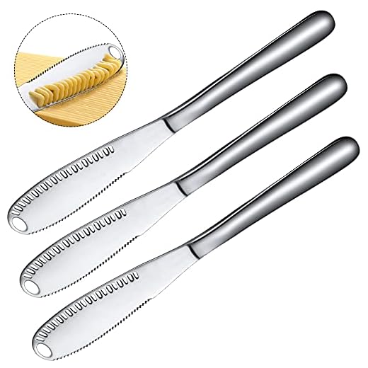 3 Pack Stainless Steel Butter Spreader Knife, 3 in 1 Kitchen Gadgets, Curler, Butter Grater, Multi-Function Butter Spreader and Grater with Serrated Edge, Shredding Vegetables Fruits