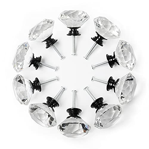 YDO Drawer Knobs, Black Alloy Base Crystal Knobs, Diamond Shape Glass Dresser Knobs, 1.57 inch Large Dresser Handles, Bling Knobs for Dresser Drawers, Kitchen Cabinet Knobs and Pulls, 10 Pieces, Clear