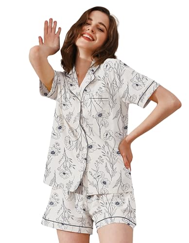 Image of NAP BOUND 100% Cotton Pajamas for Women Sets 2 Pieces Pjs Button short sleeves with Pockets Soft Sleepwear Loungewear XS-XXL