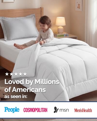 Image of Twin Size, White Alternative Down Comforter - Warm, Lightweight & Breathable Hotel Quality Bedding Set for Men, Women, Kids and Teens - All Season Oversized Cooling Microfiber Duvet Insert Comforter