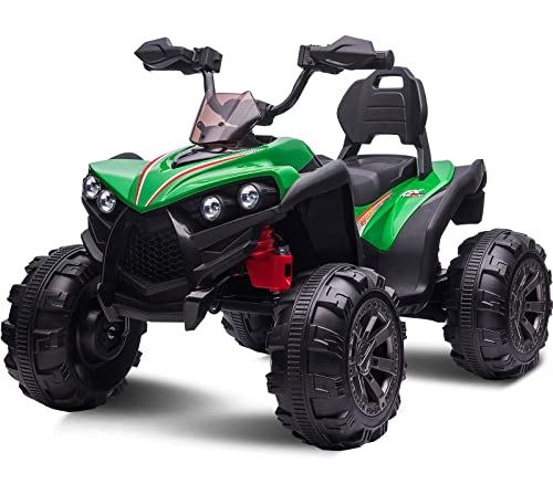 OTTARO Kids ATV 4 Wheeler for Big Boys Girls,Large Electric Four Wheeler Quad Car for Kids, w Wide Seat, Safety Belt, LED Lights, Horn, 3 Speeds, USB  MP3,Green