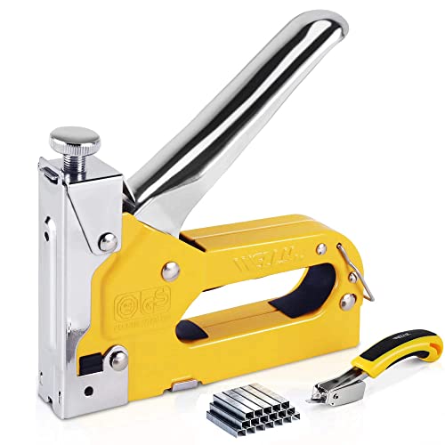 Upholstery Staple Gun Heavy Duty, WELLY Pro 3-in-1 Stapler Gun with 600 Staples, Manual Brad Nailer Power Adjustment Stapler Gun for Wood, Crafts, Carpentry, Decoration DIY (4-14 Staple Gun)